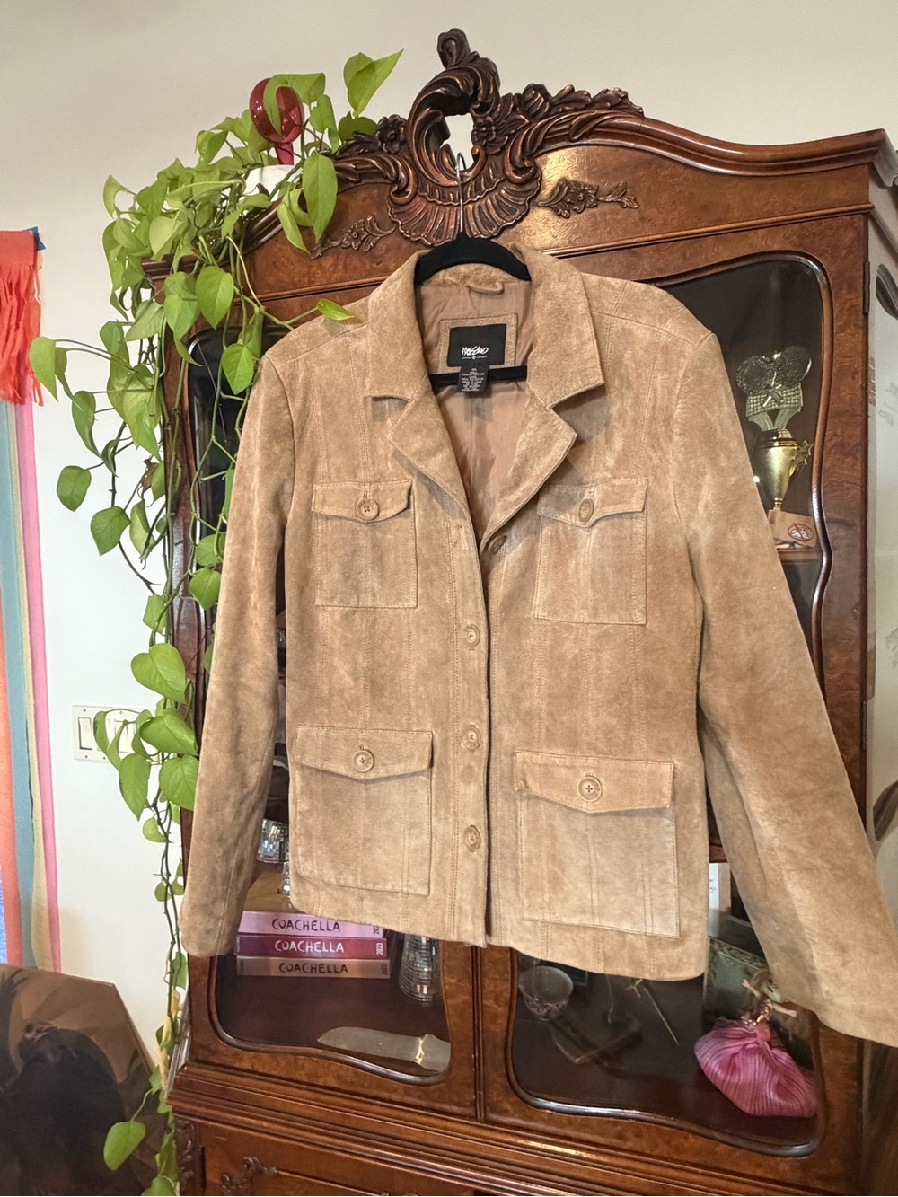 Mossimo Genuine Leather Suede Safari Jacket Tan Utility Blazer XL Vintage Y2K